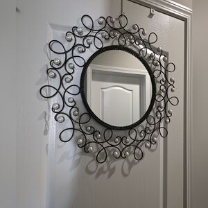 24" Black Wrought Iron Mirror With Scroll Work Frame